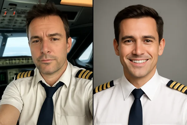 AI headshots before and after comparison - selfie vs professional headshot